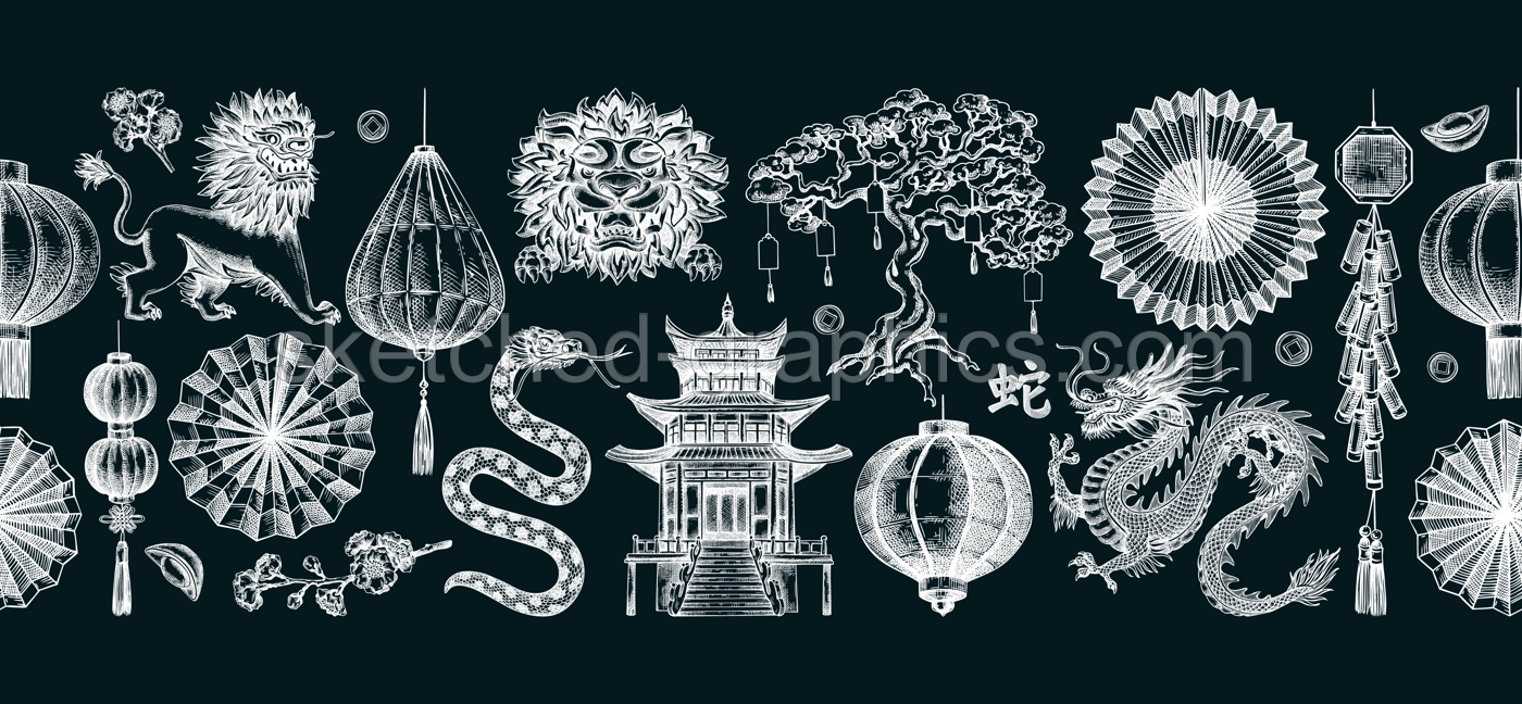 Chinese New Year decoration in sketch style. China seamless border on chalkboard. NOT AT generated Illustration